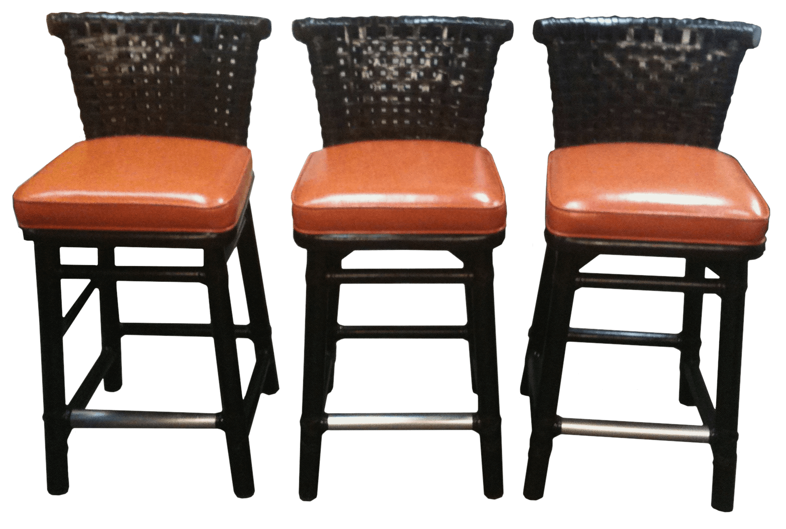 Reupholstered Back Bay bar stools with orange cushions