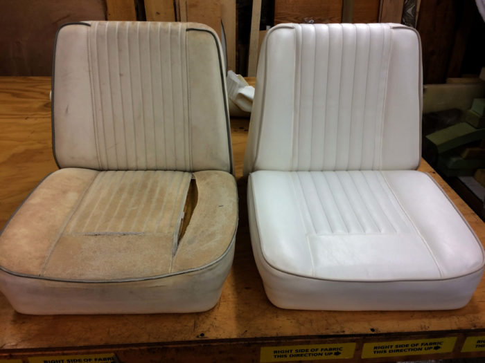 Before and after reupholstery of boat seats