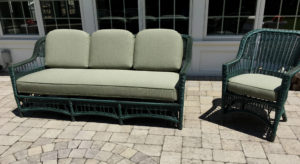 Green outdoor furniture with reupholstered cushions to match