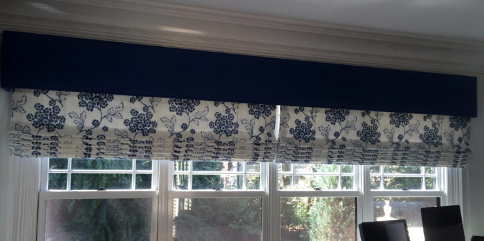 New blue cornice board with floral drapes in Newton
