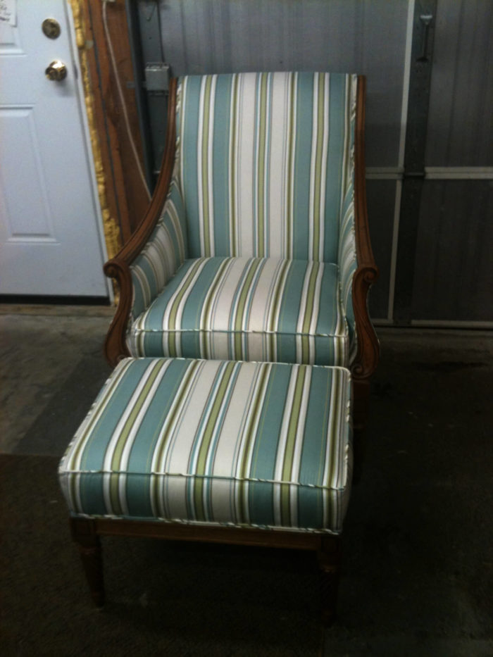 Chair and ottoman from Norwell reupholstered with stripe pattern