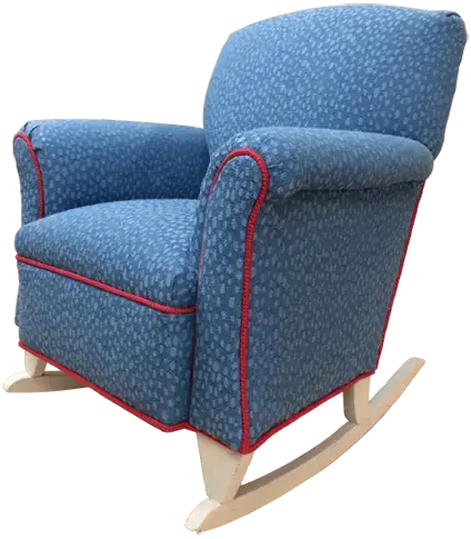 Reupholstered rocking chair with blue and red fabric