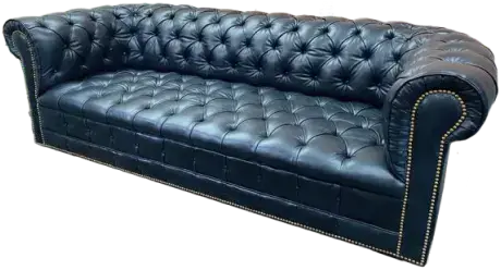 Reupholstered black leather couch with gold-color nail heads